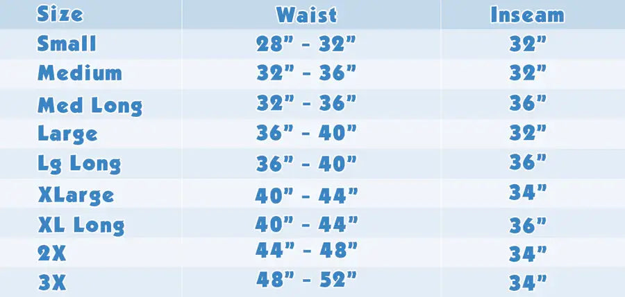 Small waist 28 to 32 inches, its inseam at 32 inches.  Medium waist 32 to 36 inches with 32 inches inseam.  Medium-long waist measures 32 to 36 with 36 inches inseam.  Large: 36 to 40 inches with 32 inches inseam.  Large Long: 36 to 40 inches with 36 inches inseam.  Extra large: 40 to 44 inches waist, 34 inches inseam.  Extra Large Long waist measures 40 to 44 inches with 36 inches inseam.  2-X Large measures: 44 to 48 inches with 34 inches inseam.  3-X Large measures 48 to 52 inches with 34 inches inseam.