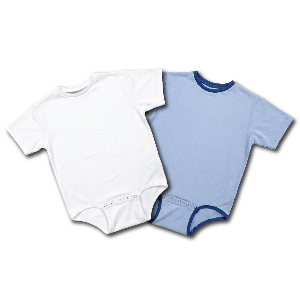 White and blue baby Snappies bodysuits on a white background